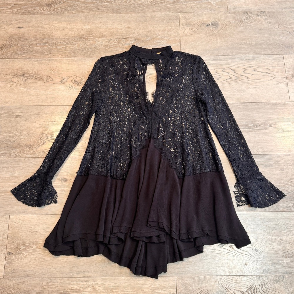 Free People Tell Tale Boho Black Lace High Neck Keyhole Tunic Top Dress Xsmall‎